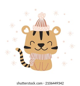 Cute Christmas tiger. Vector isolated winter cartoon illustration on white background.