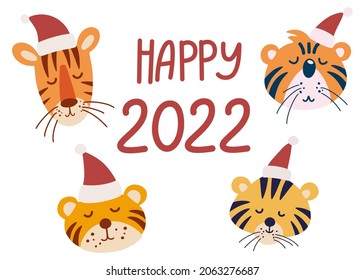 Cute Christmas tigers faces. Tigers cubs in hats. Symbol of the New Year 2022. Elements for design greeting cards, poster, card, packaging paper design. Vector cartoon Illustration.