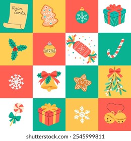 Lindo patrón de azulejos de Navidades de Ilustración vectorial sin fisuras. Fondo festivo colorido de la Navidad con los Elementos de vacaciones simples, los ornamentos y los símbolos para los diseños estacionales de diciembre. Plano y garabatos. 