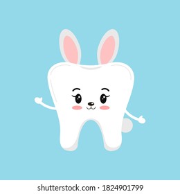 Cute Christmas tooth in bunny rabbit costume with ears  icon in flat cartoon style isolated on background. Happy New Year costume graphic design element vector illustration.