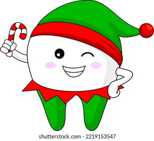 Cute Christmas tooth in elf costume with hat. Vector illustration. Dentistry graphic design.