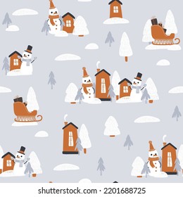 Cute Christmas Town. Winter Village. Seamless Pattern For Paper, Wrapping, Clothing, Textile, Wallpaper. Vector Illustration