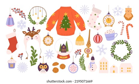 Cute christmas toys and beads. Winter holiday flat elements, folk xmas tree toy. Bauble new year, festive vintage home decorations racy vector clipart