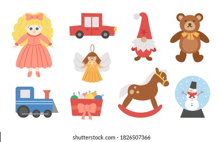 Cute Christmas toys collection. Vector New Year gifts for kids. Santa Claus presents for children. Rocking horse, Teddy bear, doll, gnome, car, train isolated on white background.
