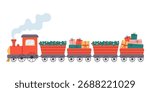 Cute Christmas train with bunch of gifts. Festive steam locomotive with wagons decorated Christmas wreaths. Perfect for cards, posters, wrapping paper, and seasonal design. Flat vector illustration