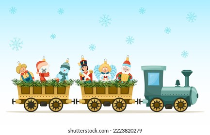 Cute Christmas train carrying Christmas toys and decorations against a backdrop of falling snowflakes. Vector illustration.