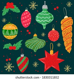 Cute Christmas Treasures background with hand drawn Christmas balls and confetti for your decoration