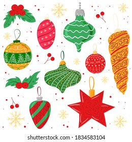 Cute Christmas Treasures background with hand drawn Christmas balls and confetti for your decoration on white background