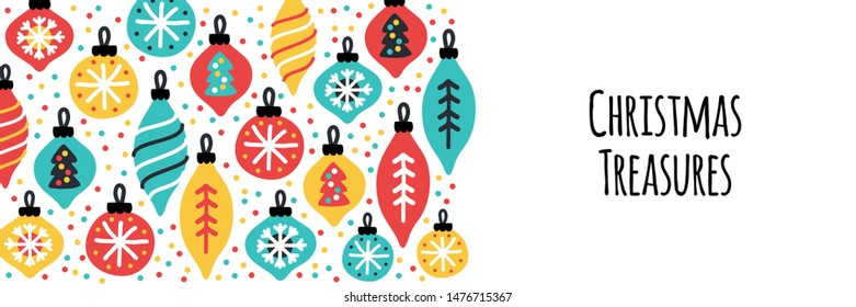 Cute Christmas Treasures horizontal banner background with hand drawn Christmas balls and confetti for your decoration