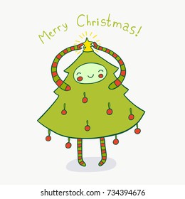 Cute Christmas tree adorned with a star. Cute holiday illustration.