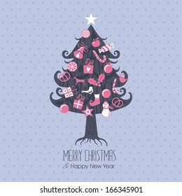 Cute Christmas tree with assorted decorations on polka dots background