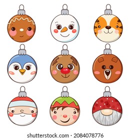Cute christmas tree ball characters set. Vector illustration. 