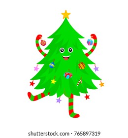 Cute Christmas tree cartoon characters design. Merry Christmas and Happy New Year. Vector illustration isolated on white background.