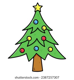 Cute christmas tree in cartoon style. Vector isolated on white illustration