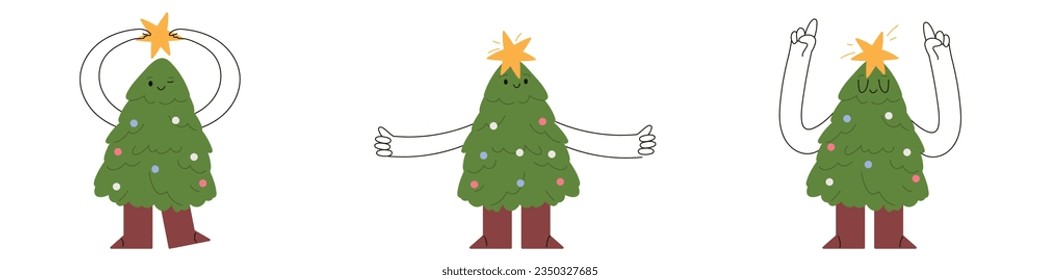Cuto concepto de caracteres de árbol de Navidad. Caricatura con una sonrisa divertida, manos y botas. Espíritu festivo iluminado por luces festivas. Una forma divertida de dar la bienvenida al Año Nuevo. Ilustraciones planas aisladas 