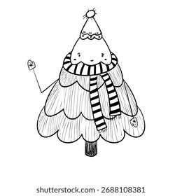 Personaje lindo del árbol de Navidad en un sombrero y bufanda a rayas — ilustración de doodle en blanco y negro