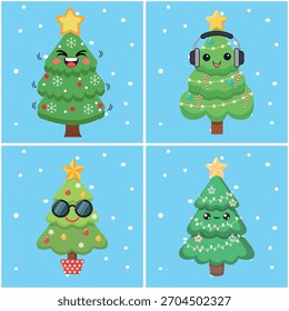 Personajes lindos del árbol de Navidad con decoraciones, expresiones kawaii, fondos festivos Vector