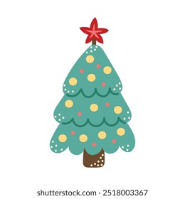Cute Christmas tree in childrens style. Isolated element for design of cards, patterns, banners. Christmas and New Year. Vector illustration.
