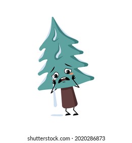 Cute Christmas tree with crying and tears emotion, sad face, depressive eyes, arms and legs. Pine with eyes. New year festive decoration, fir with depression expression