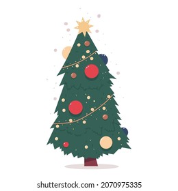 Cute Christmas tree decorated on balls and light bulb garland vector cartoon illustration isolated on a white background.