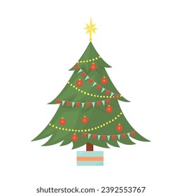 Cute Christmas tree decorated with toys and garlands. Isolated illustration on white background in vector cartoon flat style