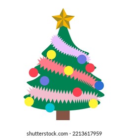 Cute Christmas tree with decoration . Isolated on white background, flat design, EPS10 vector