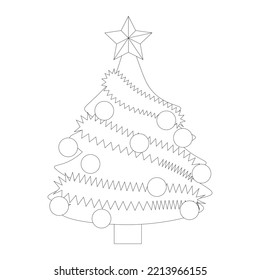 Cute Christmas tree with decoration . Isolated on white background, flat design, EPS10 vector, line art