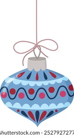 Cute a Christmas tree decoration of a vintage shape with a colorful ornament. Hand drawn New year's object 