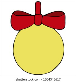 cute christmas tree decoration - yellow ball with red bow, cute winter doodles, vector set of elements in doodle style