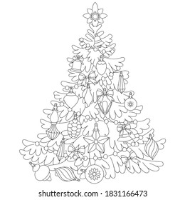 Cute christmas tree decorations with elegant garland and bubbles. Winter holiday illustration, Coloring page, black and white, line art, print and color, favorite holidays, I like winter.