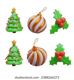 Cute Christmas tree with decorations, holly berries, striped glass hanging ball. Vector objects, view from different angles. Colored Christmas objects on white background. Elements for dynamic design