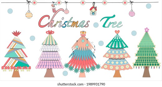 Diseño de garabatos de árboles de Navidad en tonos pastel para tarjeta, fondo, patrón de camisetas, impresión digital, decoración de árboles de navidad, tazas, celebración, arte infantil, impresión de tela, etc.