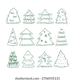 Cute Christmas Tree Doodle Set in Hand Drawn Holiday Vector Illustration