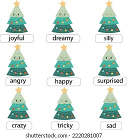 Cute Christmas tree emotions collection. Different emotional faces set with Christmas tree learning feeling poster