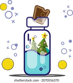 Cute Christmas tree float on water in glass jar on a white background