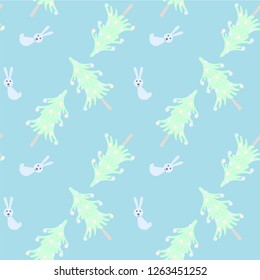 Cute Christmas tree forest, hare seamless vector color characters pattern on blue background. Forest animal doodle drawing. scandinavian cartoon kids