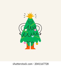 Cute Christmas Tree. Funny comic Character with smiling face. Happy emotion. Cartoon style. Merry Christmas, New year concept. Tree with hands, legs in boots. Hand drawn trendy Vector illustration