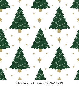 Cute Christmas tree with garlands and golden stars. Winter festival seamless pattern. 