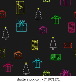 cute Christmas tree and gift box with neon color seamless pattern