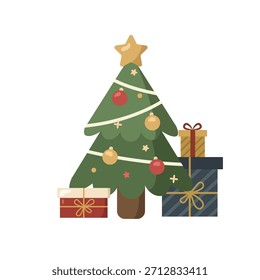 Cute Christmas tree with gift boxes. Adorable holiday icon with lights, star, and ornaments. Xmas season vector illustration collection for kids.