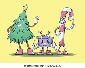 cute Christmas tree with gift and candy cane vector - illustration