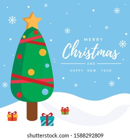 Cute Christmas tree with gifts box on blue snow background. decoration balls. Merry Christmas and a happy new year greeting card. flat vector illustration.