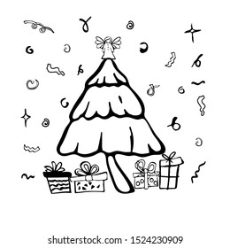 Cute Christmas tree with gifts, hand drawn vector sketch. Christmas card. Doodle style. Black elements isolated on white background. 