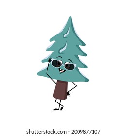 Cute Christmas tree with glasses and joyful emotions, happy smile, hands and legs. Pine with eyes. New year festive decoration, joyful fir