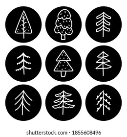 Cuidados garabatos monocromos dibujados a mano en un árbol de Navidad al estilo escandinavo. Icono de círculo para etiqueta, impresión, diseño.