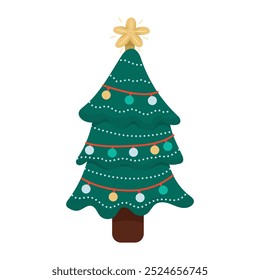 Cute Christmas tree illustration with decorative toys and garland