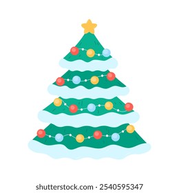 Cute Christmas tree. Isolated vector illustration. Decorated Xmas Fir, pine or spruce. December holiday symbol with ornaments for seasonal designs and greeting cards. Flat and doodle elements