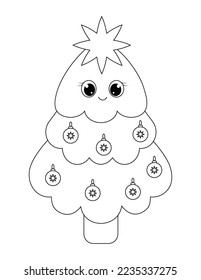 Cute Christmas tree. Kawaii tree. Outline of a Christmas tree with balls