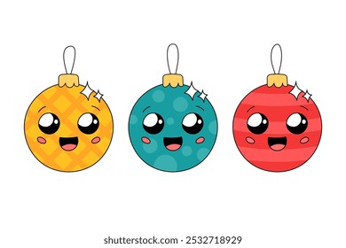 Cute Christmas tree ornaments with cheerful faces. Adorable smiling baubles set vector illustration. Doodle Xmas decorations, happy characters in groovy and kawaii styles. 