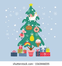 Cute Christmas tree with ornaments and gift boxes. Childish print cards and party invitations. Vector Illustration